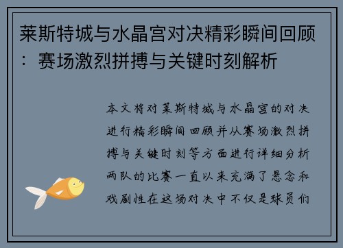 莱斯特城与水晶宫对决精彩瞬间回顾：赛场激烈拼搏与关键时刻解析