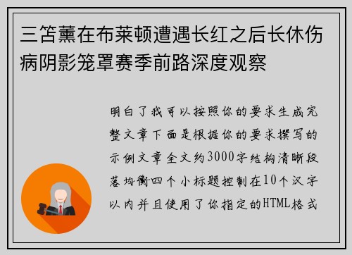 三笘薰在布莱顿遭遇长红之后长休伤病阴影笼罩赛季前路深度观察